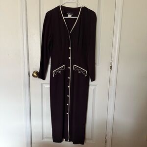 Plum Long Sleeve Dress with Ivory Trim Details and Pearl Buttons
